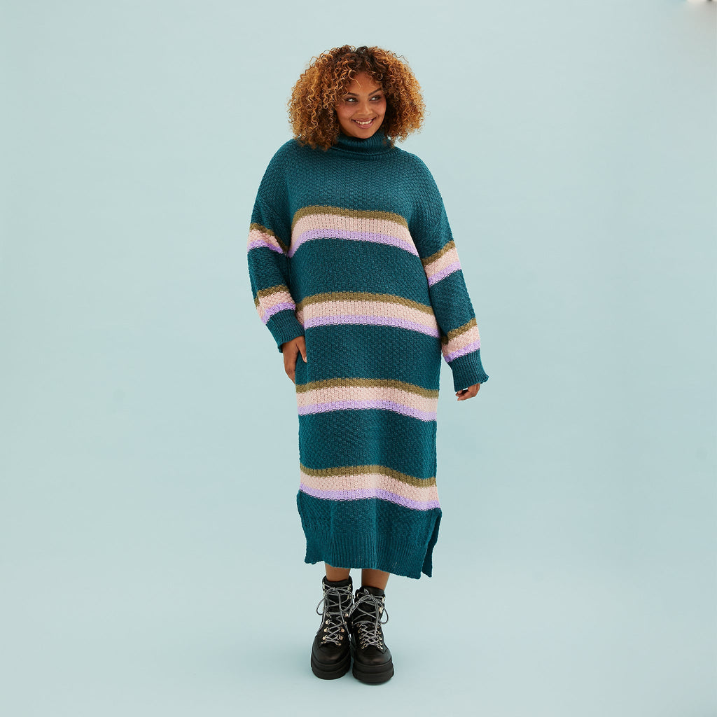 Tanya Roll Neck Stripe Knitted Midi Dress - Teal - Cara & The Sky