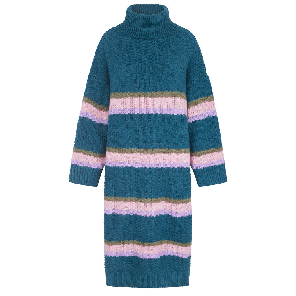 Tanya Roll Neck Stripe Knitted Midi Dress - Teal - Cara & The Sky