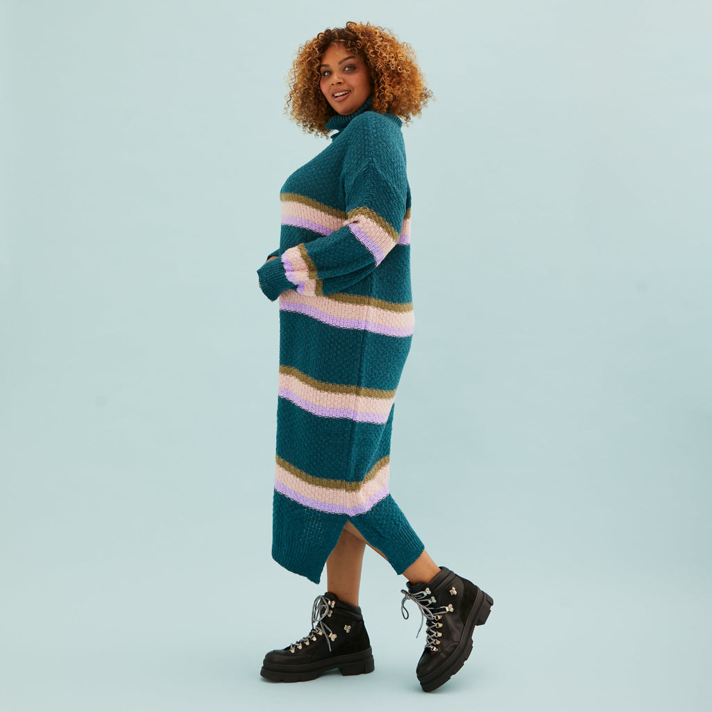 Tanya Roll Neck Stripe Knitted Midi Dress - Teal - Cara & The Sky