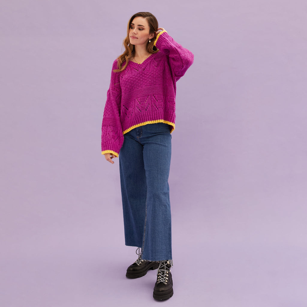 Zoe Pointelle V Neck Wide Sleeve Jumper - Fuchsia - Cara & The Sky