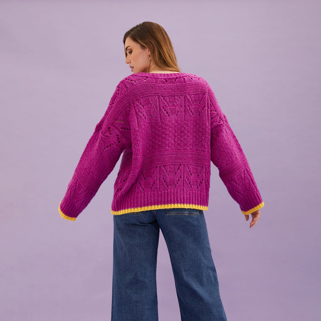 Zoe Pointelle V Neck Wide Sleeve Jumper - Fuchsia - Cara & The Sky