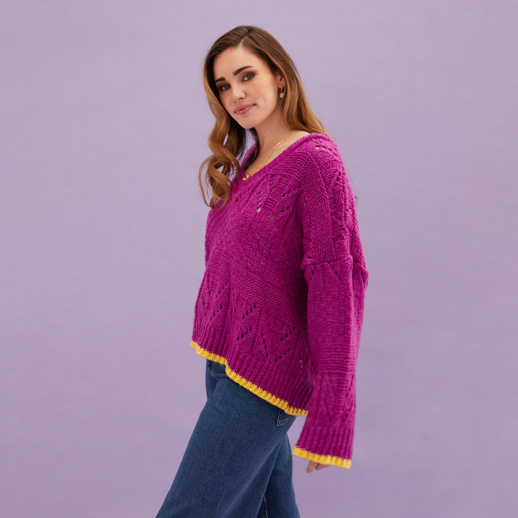 Zoe Pointelle V Neck Wide Sleeve Jumper - Fuchsia - Cara & The Sky