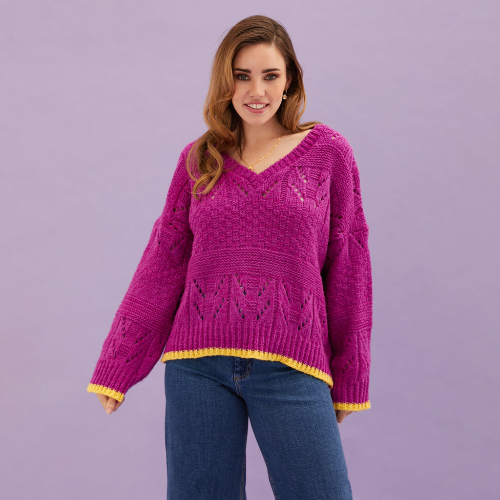 Zoe Pointelle V Neck Wide Sleeve Jumper - Fuchsia - Cara & The Sky