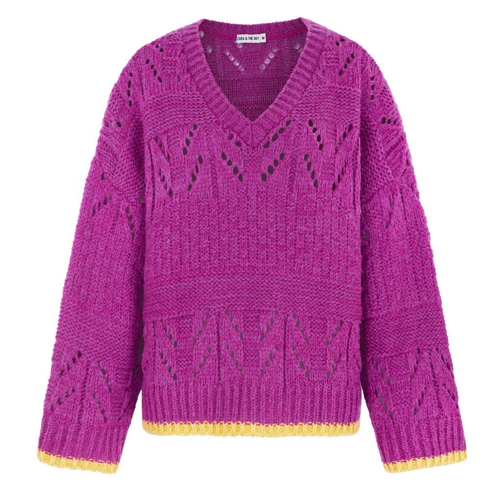 Zoe Pointelle V Neck Wide Sleeve Jumper - Fuchsia - Cara & The Sky