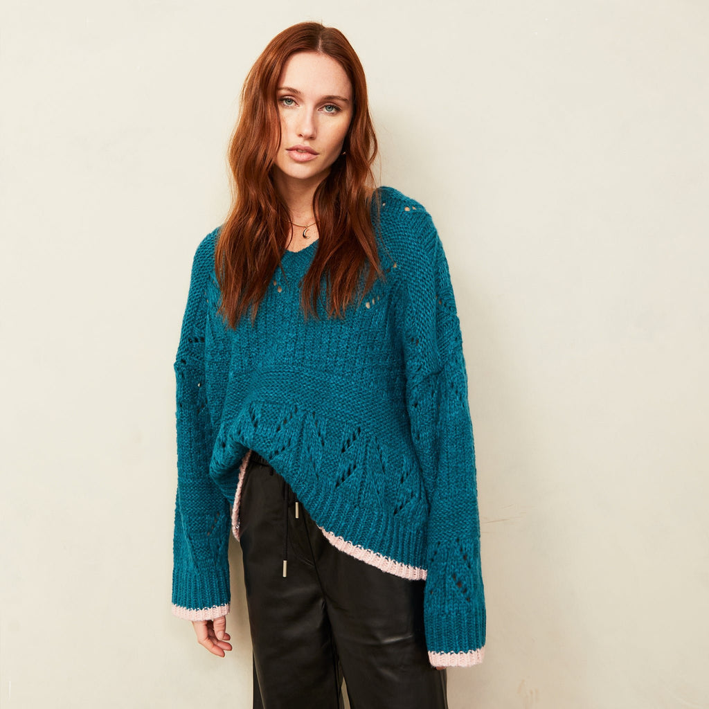 Zoe Pointelle V Neck Wide Sleeve Jumper - Teal - Cara & The Sky