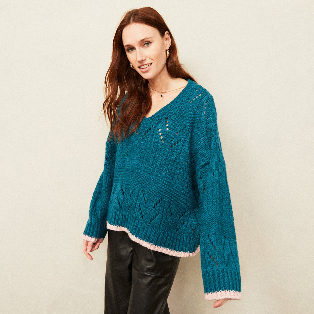 Zoe Pointelle V Neck Wide Sleeve Jumper - Teal - Cara & The Sky