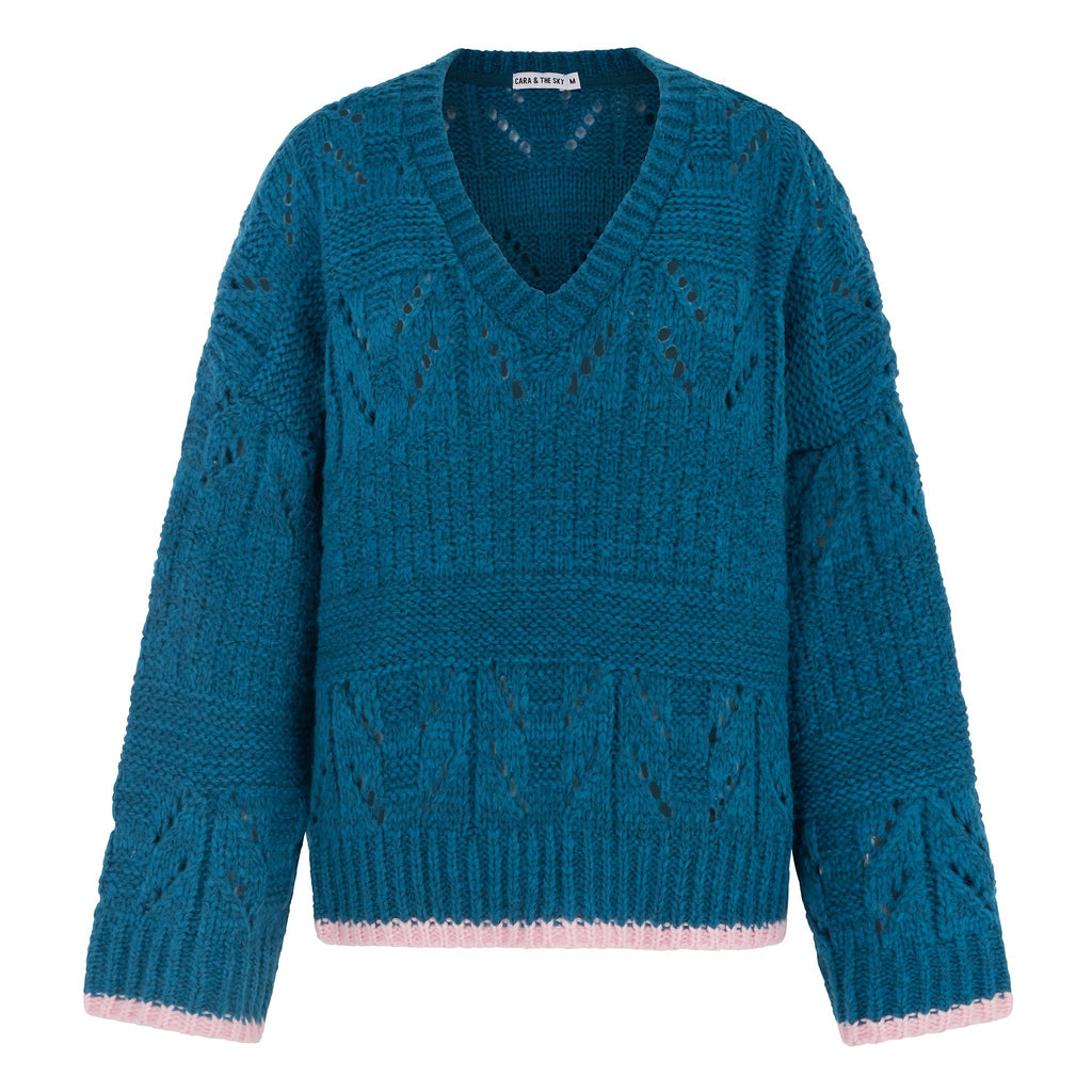 Zoe Pointelle V Neck Wide Sleeve Jumper - Teal - Cara & The Sky