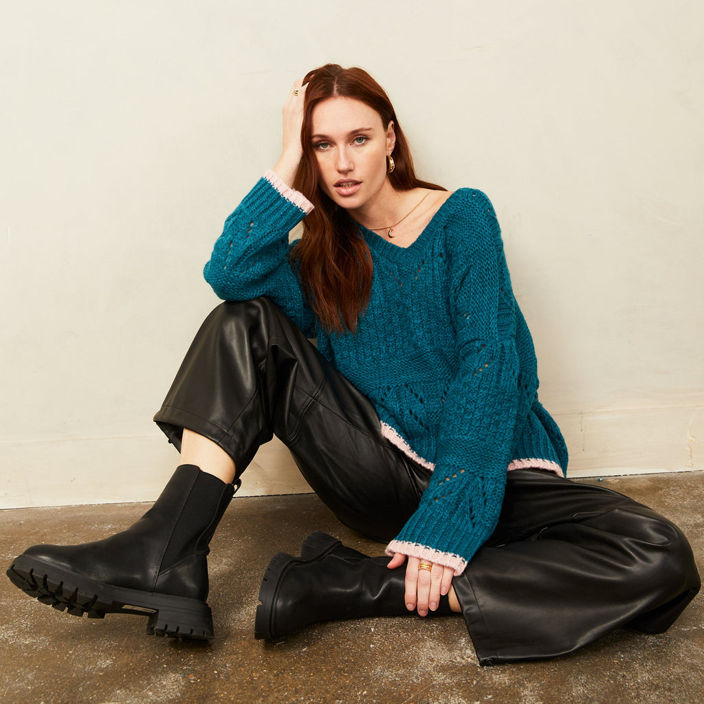 Zoe Pointelle V Neck Wide Sleeve Jumper - Teal - Cara & The Sky